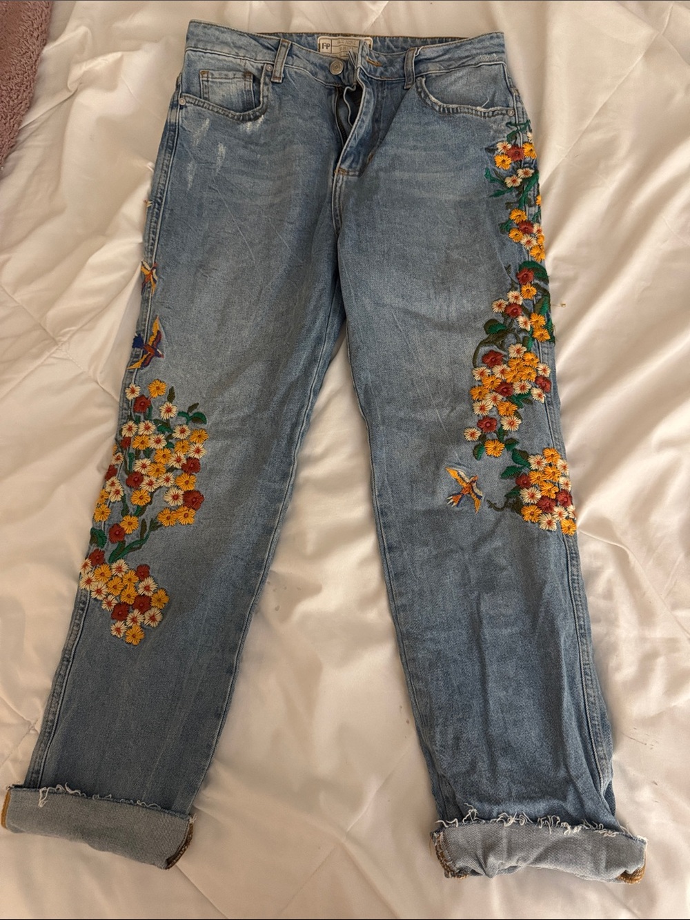 Free People Light Blue Embroidered Floral Boyfriend Jeans